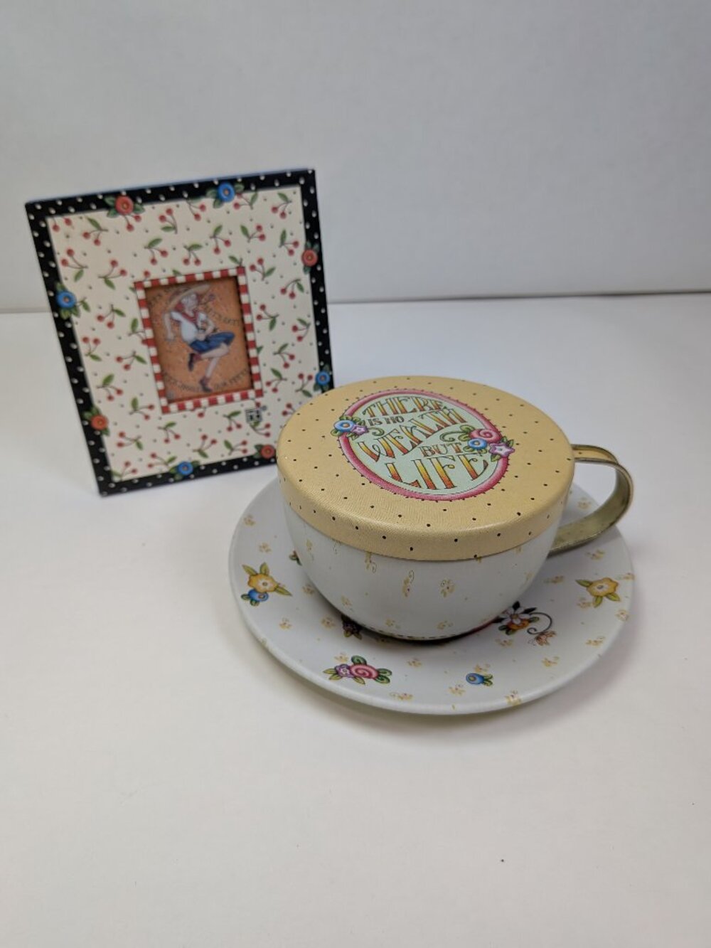 Vintage Mary Engelbreit Decorative Metal Teacup Trinket Box & Picture Frame Lot